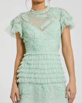 Green Beaded Mesh High Neck Micro Ruffle Gown